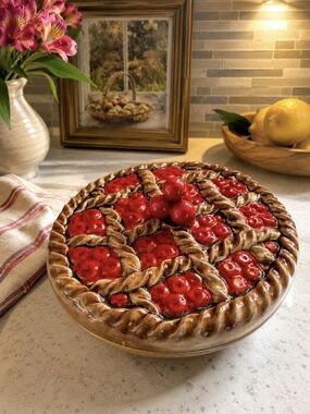 Majolica Ceramic Cherry Pie Dish  Lattice Lid Red And Brownish Made In Portugal